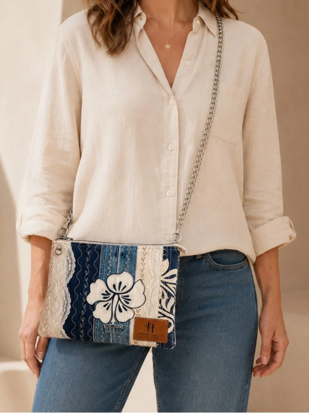 One-of-a-Kind Lace & Floral Denim Crossbody Bag